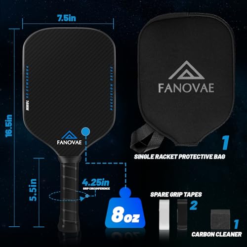 Carbon Fiber Pickleball Paddle, 3K Raw Carbon Fiber Surface, CAS, High Grit & Spin, 16MM PP Honeycomb Core, Ideal for Novice and Pro, Includes Paddle Cover&Eraser, Fanovae POWERMAX 3D