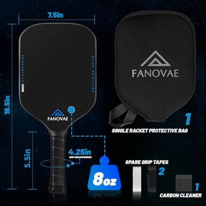 Carbon Fiber Pickleball Paddle, 3K Raw Carbon Fiber Surface, CAS, High Grit & Spin, 16MM PP Honeycomb Core, Ideal for Novice and Pro, Includes Paddle Cover&Eraser, Fanovae POWERMAX 3D