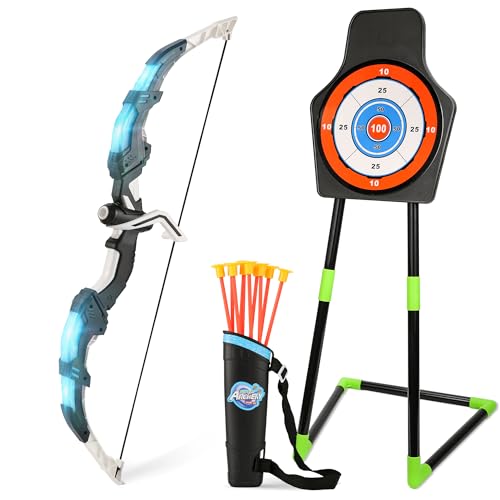 Bow and Arrow Set for Kids, 2 Pack LED Light Up Archery Set with 20 Suction Cup Arrows, Indoor and Outdoor Toy for Boys Girls Age 4-8 8-12 with Standing Target&2 Quivers, Birthday Gift 3-12 Years Old - color: Blue