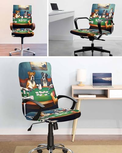 Abstract Animal Office Chair Cover, Dog in The Room Poker Games Universal Stretch Desk Rotating Chair Slipcovers, Removable Seat Protector with Zipper, S - color: Dark Green Brown, size: Small