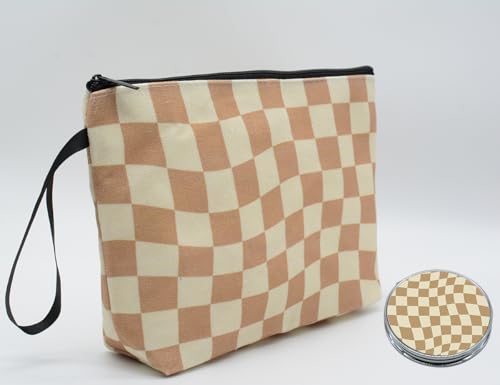 Light Brown Checkered Gifts for Women Unique Brown Plaid Travel Makeup Bag Set with Mirror, Cosmetic Pouch Set for Checkered Lovers & Mom - color: Checkered Light Brown-2S