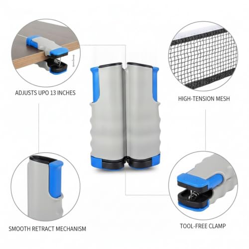 Retractable Table Tennis Net Set, Clamp-On Ping Pong Net for Standard Tables, Portable Polyester Mesh with Quick Setup - color: Gray