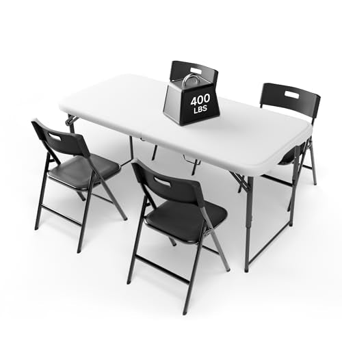 4FT Folding Table Set with 4 Chairs – Heavy-Duty 400 lb Table & 330 lb Chairs, Dual-Height Adjustment, Portable Folding Furniture Set for Camping, Parties, Indoor & Outdoor Use - color: White Table & Black Chairs, size: 4ft-Quick Adjust, style: 4 chairs