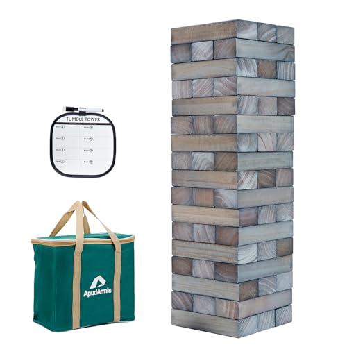 ApudArmis Giant Tumble Tower Stack to Over 5Ft, 60 PCS Pine Wooden Stacking Timber Game with 1 Dice Set - Classic Block Giant Outdoor Game (7.48 * 2.48 * 1.5 in Each Block, Gray) - color: Gray