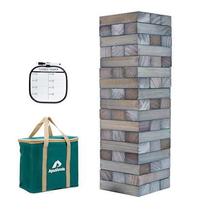 ApudArmis Giant Tumble Tower Stack to Over 5Ft, 60 PCS Pine Wooden Stacking Timber Game with 1 Dice Set - Classic Block Giant Outdoor Game (7.48 * 2.48 * 1.5 in Each Block, Gray) - color: Gray