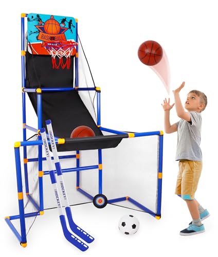 Surpop Kids Basketball Hoop Arcade Game with 4 Balls and Infrared Scoring Indicator, Basketball Football Hockey 3-in-1 - Toy Sports Game for Kids 3+