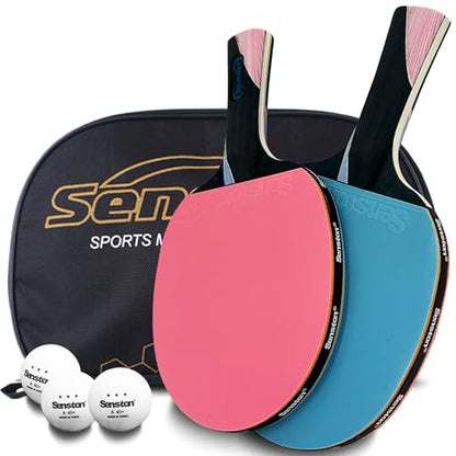 Senston 5-Ply Ping Pong Paddles Set – Premium Wood Table Tennis (Set of 2) with 3 Balls & Portable Carry Case – High-Control 2mm Sponge & Ergonomic Non-Slip Grip for Beginners & Family Play - color: Pink/Blue