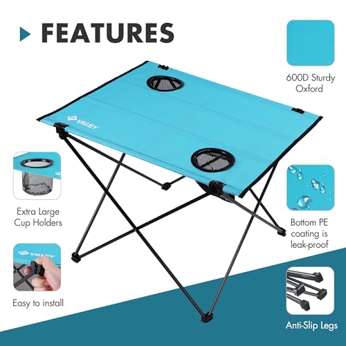 VILLEY Folding Camping Table with 2 Cup Holders & Carry Bag, Lightweight Portable Beach Table for Camping, Beach, Fishing, Travel, Outdoor Activities(Large) - size: Large