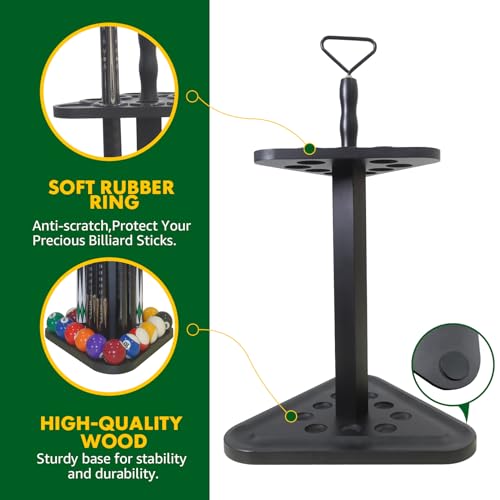 Pool Cue Rack Floor Stand | Wood Billiard Stick Holder & Game Room Organizer | Holds 9 Cues, Full Ball Set & Accessories | Classic Triangle Design for Stability & Style | Easy Assembly