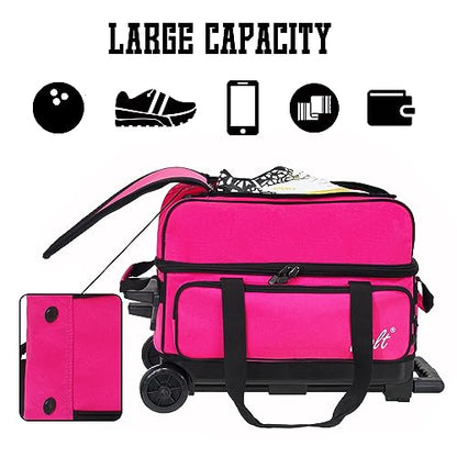 WOLT Double Roller 2 Ball Bowling Bag with Separate Shoe Compartment, Large Capacity Bowling Ball Bag with Accessory Pocket, Retractable Handle Extends to 40" - color: Pink