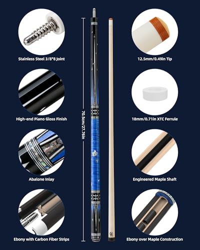 KONLLEN KL-KB Low Deflection Maple Billiards Cue Pool Cue Stick Real Wood Abalone Shell Inlay Wrapless 12.5mm Tip - color: KL-KB-Blue