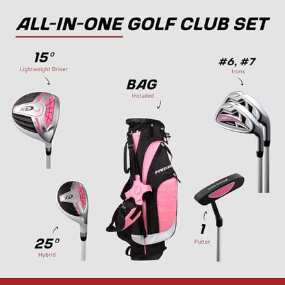 Precise XD-J Kids Golf Clubs Set – Boys’ & Girls’ Junior Golf Set with Lightweight Graphite Shafts, Hybrid, Putter & Stand Bag - color: Pink Ages 6-8, size: Left Hand