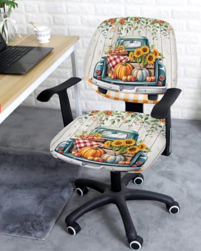 Savannan Office Chair Cover, Truck Autumn Pumpkin on Plaid Protective Stretch Elastic Universal Cover for Desk Task Chair,Computer Rotating Chair 1 Pcs Rustic Floral Foliage