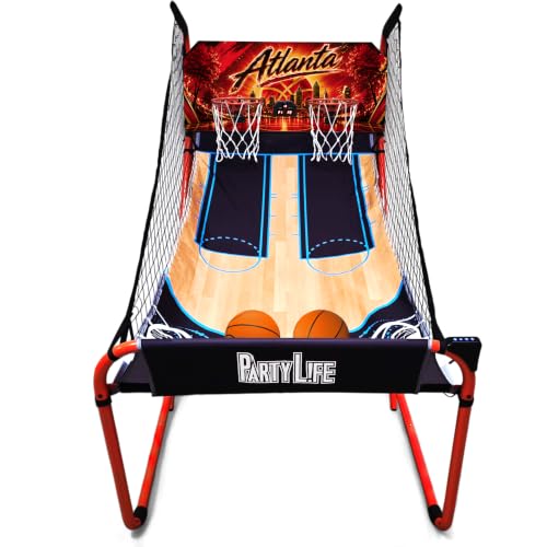 PartyLife 2-Player Basketball Arcade Game w/Optional LED Lights | Electronic Scoring | 5 Balls, 1 Pump, 8 Games | Folding Design | Heavy-Duty Steel Frame - Choose Your Model - color: ATLANTA, style: Base Model