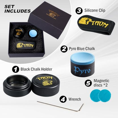 TAOM Upgrade Pool Chalk Holder Round Shaped Practical Tool Billiards Accessories Magnetic Mini Chalk Tip Case Container Round Box Billiards,Cue Tip Tool Scuffer Shaper - color: 1-Gift Set-Black with Pyro Blue