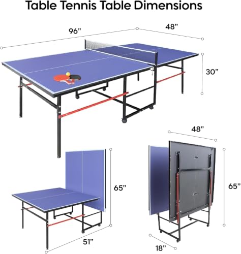 8X4FT Foldable Ping Pong Table,Professional Table Tennis Table with Net, 2 Table Tennis Paddles and 3 Balls - Tournament Quality for Indoor/Outdoor - color: Blue