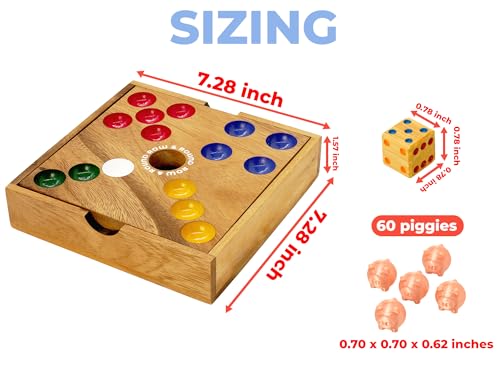 Row & Round Wooden Pig Hole Boardgame – Classic Wood Game for Party Gathering Tabletop Dice Games with Solid Board with PLA Satin 60 Piggies for Table or Outdoor & Indoor 7.28x7.28x1.57 Inch