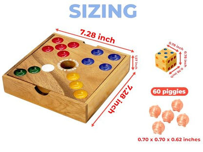 Row & Round Wooden Pig Hole Boardgame – Classic Wood Game for Party Gathering Tabletop Dice Games with Solid Board with PLA Satin 60 Piggies for Table or Outdoor & Indoor 7.28x7.28x1.57 Inch