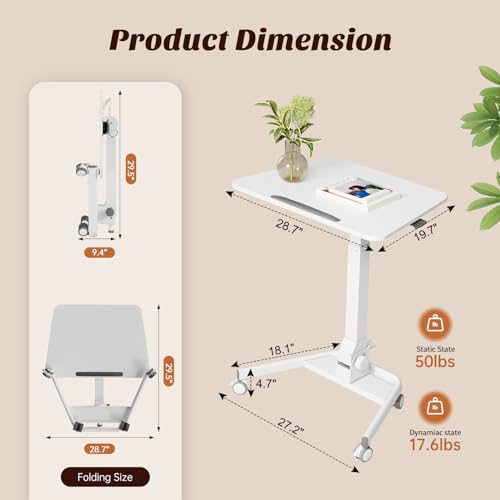 Foldable Mobile Standing Desk, 90 Tiltable Rolling Standing Desk, Height Adjustable Portable Laptop Workstation for Home Office, Easy to Fold, White - color: White