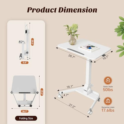 Foldable Mobile Standing Desk, 90 Tiltable Rolling Standing Desk, Height Adjustable Portable Laptop Workstation for Home Office, Easy to Fold, White - color: White