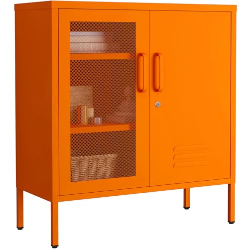 Accent Cabinet Locker, Lockable Storage Cabinet with Mesh & Metal Doors, 3-Tier Heavy Duty Steel Cabinet with 2 Adjustable Shelves, for Living Room, Home Office Orange 33"H x 29.5"W x 13.8"D - color: Sunlight, style: Cabinet-33"H-SW