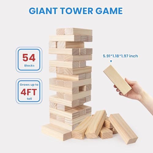 PetGirl Giant Tumble Tower 54PCS - Jumbo Wooden Stacking Game Over 4 FT for Kids Adults Family, Premium Pine Outdoor Yard Game for BBQ, Party, Camping