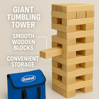 Bolaball Tumbling Tower Game with 56 Wooden Blocks & Carry Bag, Classic Stacking Tower for Family Games, Party Games, Travel Games, Indoor Outdoor Tumbling Games