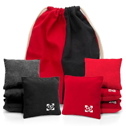 Professional Cornhole Bags - Set of 8 Regulation All Weather Double Sided - Sticky Side/Slick Side Bean Bags for Pro Corn Hole Game - color: Black & Red