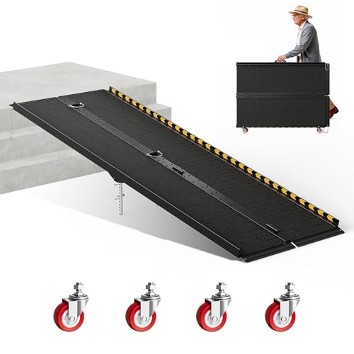 CAMMOO 7 FT Portable Wheelchair Ramp-800LBS Heavy-Duty, High-Strength Aluminum Alloy with 4 Adjustable Legs, 4 Wheels, Triple Anti-Slip and Seamless Design, Ideal for Home Steps, Threshold, Doorways - size: 7 FT
