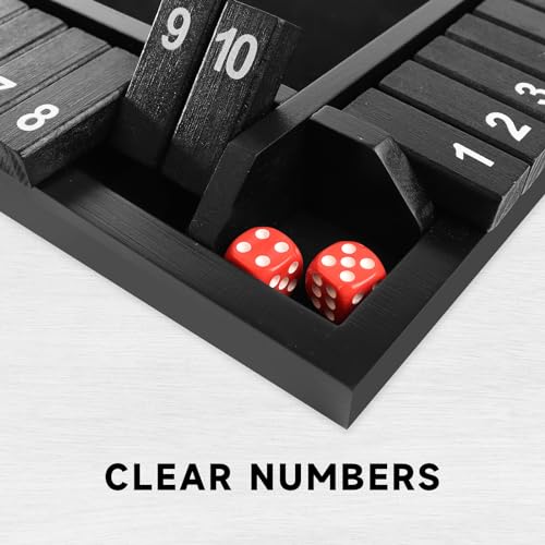 GSE Games & Sports Expert 1-4 Player Wooden Shut The Box Dice Board Game with 8 Dice. 4-Way 10 Numbered Shut The Box Set of Popular English Pub Board Game - Black - color: Black Stained Wood