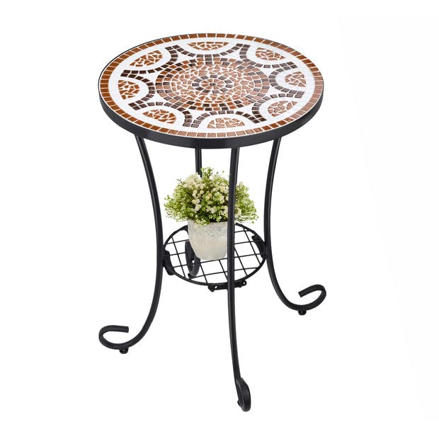 VCUTEKA Outdoor Side Table Mosaic Patio Table Accent Tables Mosaic Tile Top Metal Frame Small End Tables Porch Beach Patio Garden Balcony Russet 14'' - color: Russet