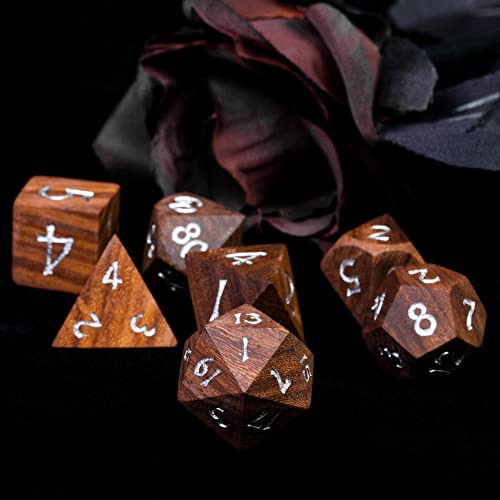 7PCS Wooden DND Dice Set, Red Sandalwood D&D Dice with Metal Box for Role Playing Games, d and d Gifts - color: Red Sandalwood