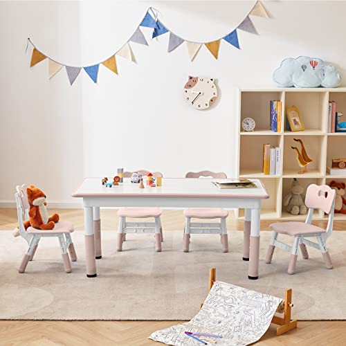 Kids Table and 4 Chairs Set with Graffiti Desktop,Toddler Furniture for Kids Ages 3-8,Children Study Desk, Dining Table, Height Adjustable Desk, Painting Desktop,Gift for Boys Girls (Pink) - color: Pink