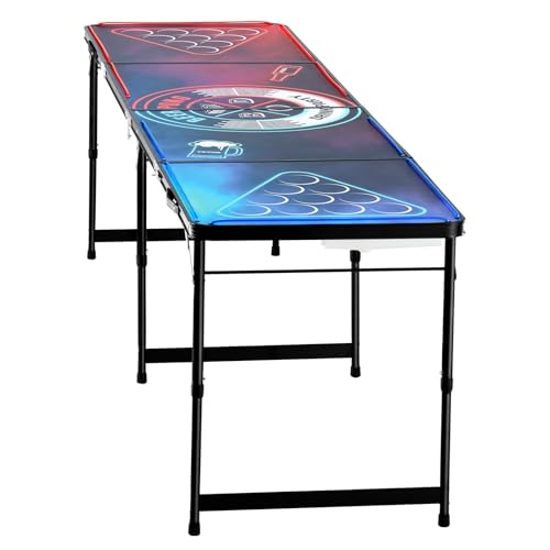 VEVOR 8 Foot Portable Beer Pong Table, LED Lights, Foldable Tailgate Desk with Carrying Handles and 6 Pong Balls, Adjustable Height, Lightweight, for Office, Tailgate Party, Travel & Camping