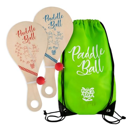 PICK A TOY Wooden Paddle Ball with String (Set of 2) with Green Carry Bag - Indoor Outdoor Toy: Kids Fun and Classic Paddleball Game for Boys and Girls, Party Favor Toys Ages 4+ - color: With Green Carry Bag
