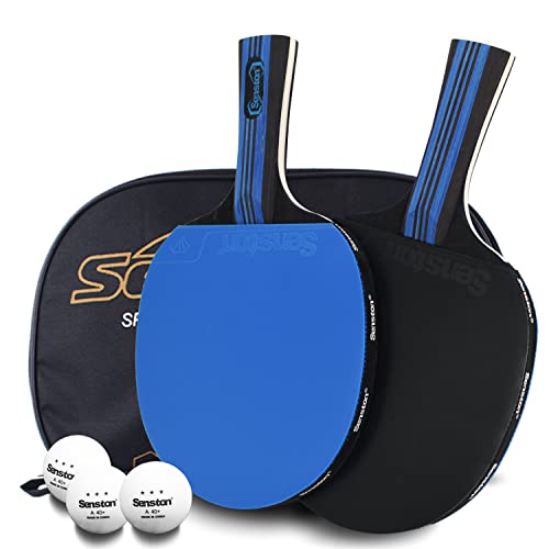 Senston 5-Ply Ping Pong Paddles Set – Premium Wood Table Tennis (Set of 2) with 3 Balls & Portable Carry Case – High-Control 2mm Sponge & Ergonomic Non-Slip Grip for Beginners & Family Play - color: Blue