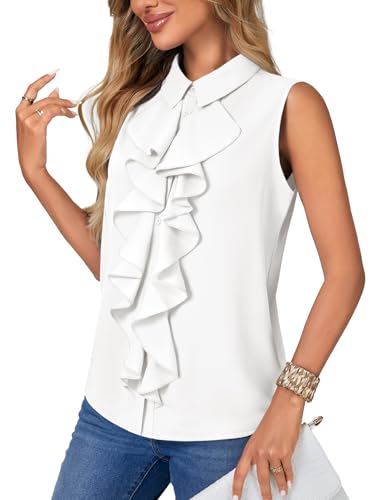 Vrtige Women's Summer Tank Top Button Down Ruffle Front Collar Neck Sleeveless Blouse Shirt Top - color: White, size: X-Small