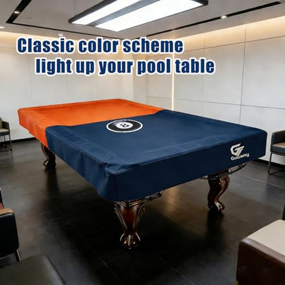 9FT (113"L x 63"W x 8"H) Heavy Duty Leatherette Pool Table Cover – Waterproof, Scratch-Resistant, All-Season Protection for Indoor/Outdoor Use – Orange/Dark Blue