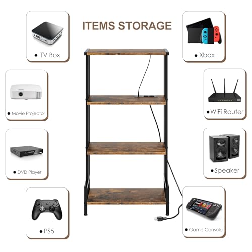 Arbuxzuy 4-Tier AV Media Stand with Power Outlet and LED Lights,Wooden Stereo Stand Cabinet,Game Console Shelf for Small Space,Audio Rack Stand Tower Ideal for Video DVD Players,Xbox - color: Rustic Brown