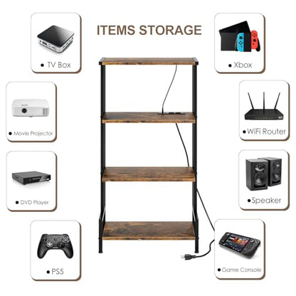 Arbuxzuy 4-Tier AV Media Stand with Power Outlet and LED Lights,Wooden Stereo Stand Cabinet,Game Console Shelf for Small Space,Audio Rack Stand Tower Ideal for Video DVD Players,Xbox - color: Rustic Brown