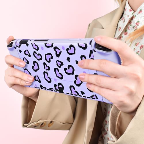 DLseego Love Leopard Carrying Case for Switch OLED 2021 Accessories Set, Portable Carrying Case with 1 Soft TPU Shell & 1PCS Plush Pendant & 12 Slots & 4PCS Cat Paw Thumb Grips Caps - Purple - color: Purple