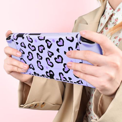 DLseego Love Leopard Carrying Case for Switch OLED 2021 Accessories Set, Portable Carrying Case with 1 Soft TPU Shell & 1PCS Plush Pendant & 12 Slots & 4PCS Cat Paw Thumb Grips Caps - Purple - color: Purple