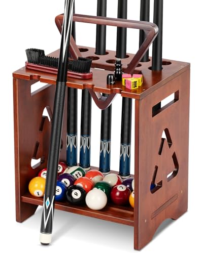 EXTCCT Pool Stick Holder Floor Stand - Hardwood Solid Wood Pool Cue Rack for 10 Cues, Billiard Cue Holder with Pool Table Accessory Organizer for Game Room or Home Bar(brown - color: Solid-Brown