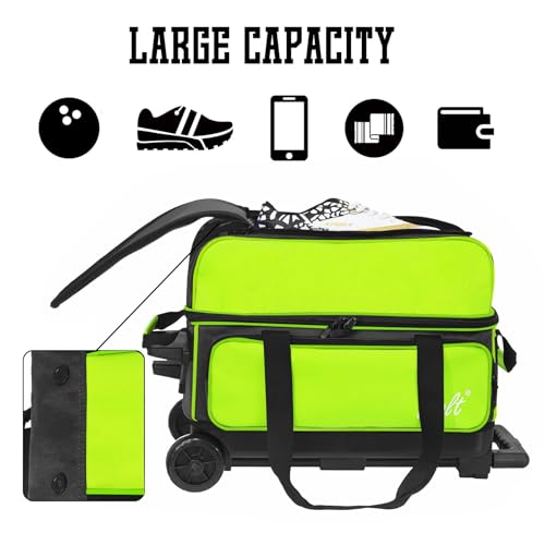 WOLT Double Roller 2 Ball Bowling Bag with Separate Shoe Compartment, Large Capacity Bowling Ball Bag with Accessory Pocket, Retractable Handle Extends to 40" - color: LemonGreen
