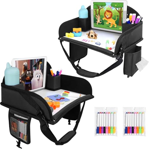 Kids Travel Tray for Toddler Car Seat, Lap Tray for Girl Activities with Dry Erase Board & Cooler Cup Holder, Road Trip Essentials Accessories with No-Drop Large Tablet iPad Holder Stand,2Pc Black - color: Black-2PCS