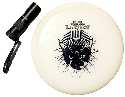 GlowBob Glow in The Dark Midrange Disc Golf Night Light Up Grip PDGA Approved Premium Plastic Recharge Cat Bob Stamp Black Blue Flashlight Combo Packs (GlowBob Black + Flashlight)