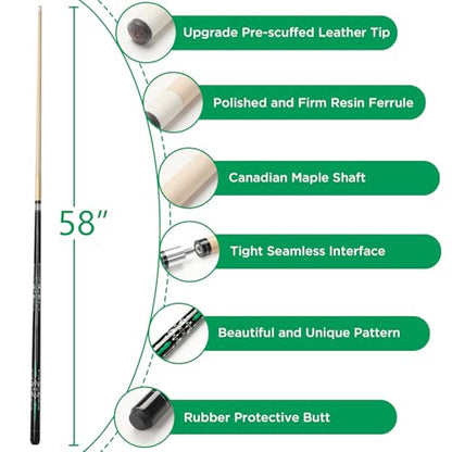 Pool Cue, 58" Billiard Cue Stick 2-Piece Maple Wood Pool Cue Stick 18 19 20 21oz for Bar House Pool Table Sports - color: Green 20oz