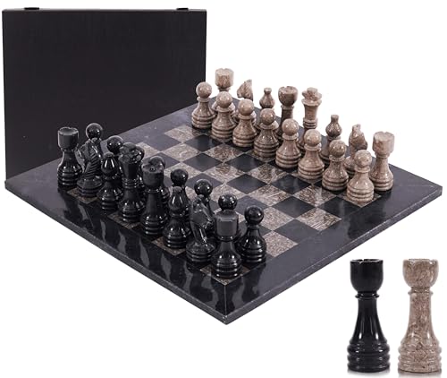 Marble Chess Set 15" Inches Black and Oceanic with Storage Box and 2 Extra Queen Handmade Luxury Board Games for Adults, Ideal Marble Chess Board Game Set & Chess Pieces - color: Black & Oceanic