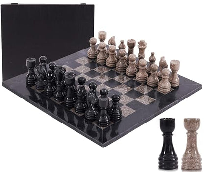 Marble Chess Set 15" Inches Black and Oceanic with Storage Box and 2 Extra Queen Handmade Luxury Board Games for Adults, Ideal Marble Chess Board Game Set & Chess Pieces - color: Black & Oceanic