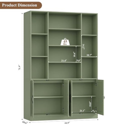 HOSTACK 72” Tall Book Shelf and Bookcase, White Bookshelf with Storage Cabinet, 45” Wide Bookcase with 4 Doors, Standing Display Shelves, Modern Farmhouse Book Case for Living Room, Green - color: Green